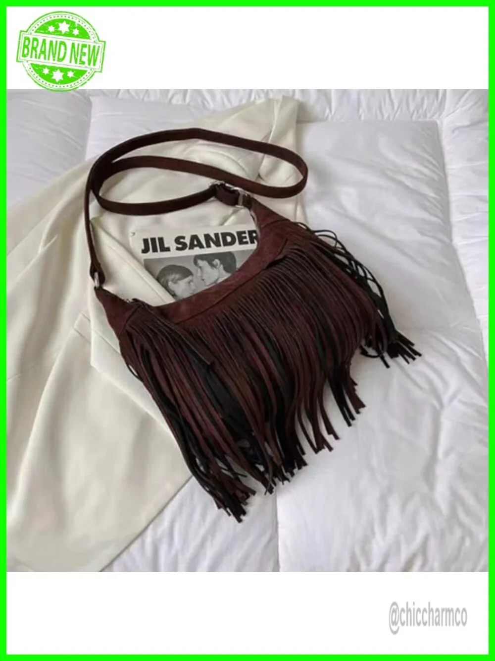 Vegan Suede Fringe Crossbody Hobo Bag with Tassel